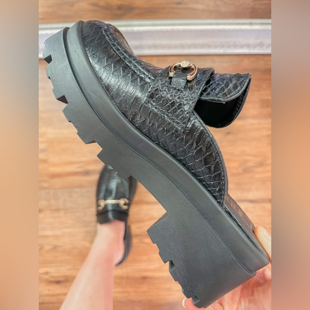 ShuShop | Black Snake Chunky Mule Loafers